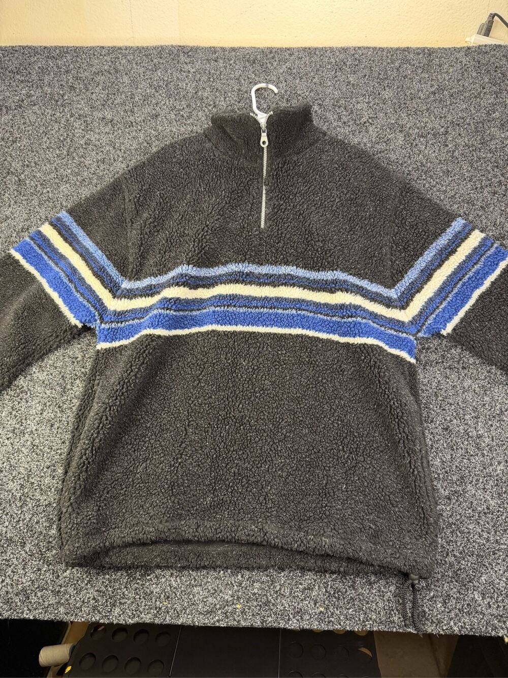 Free Country Sherpa Fleece 1/4 Zip Pullover Charcoal Blue Striped Unisex Large